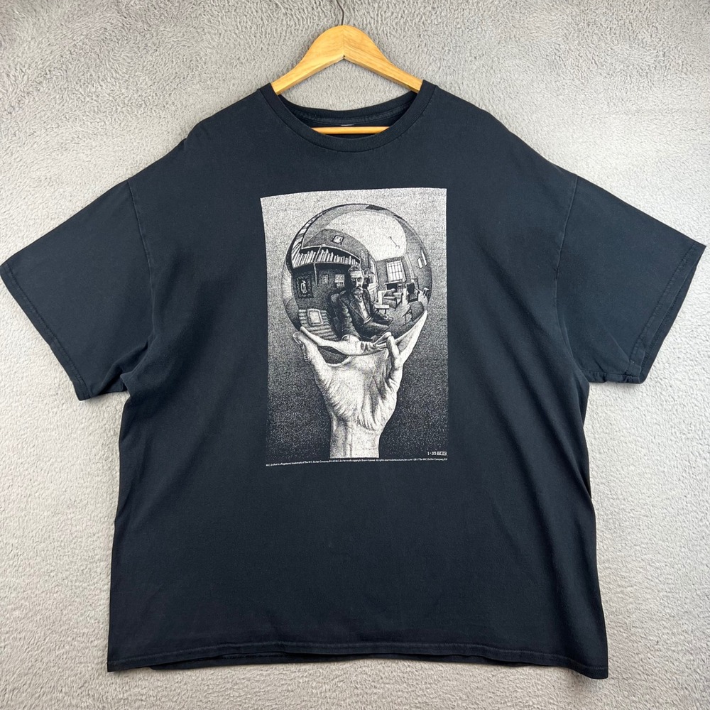 MC Escher Hand with Reflecting Sphere Graphic T-Shirt Black Mens 2XL Art T 017
